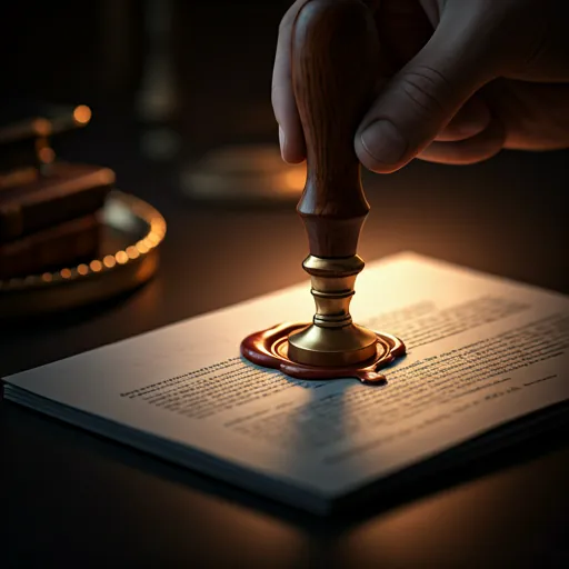 Close-up of wax seal being pressed onto a formal document — representing certification.